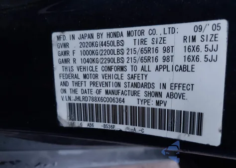 2006 Honda Cr-V Ex z USA, uszkodzony, nr VIN JHLRD788X6C006364
